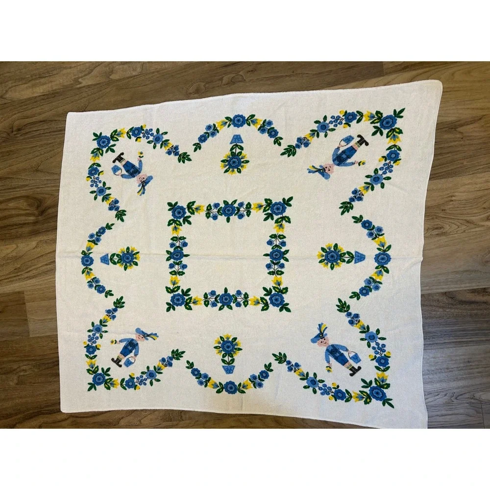 Vintage Folk Art‎ Lederhosen Boy Terry Cloth Tablecloth Floral Blue Yellow 51x46